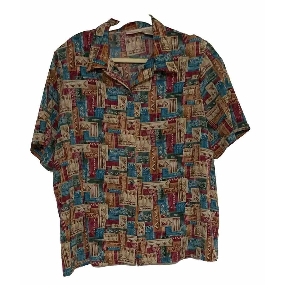 Vintage Christie & Jill Blouse 22W Fabric Button Up Short Sleeve Geometric Y2K